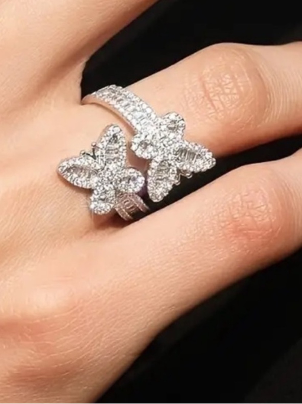 Silver Butterfly Pave Ring - White Crystal Accent